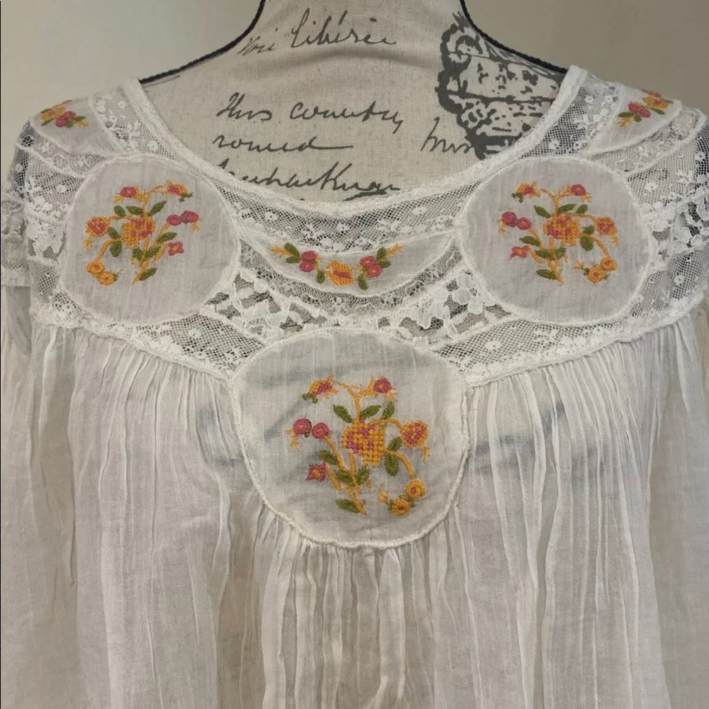 Free People Cream Blouse with Floral Embroidery